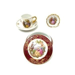Lot of Limoges espresso cup and saucer, jewel box, and tiny plate with holder.